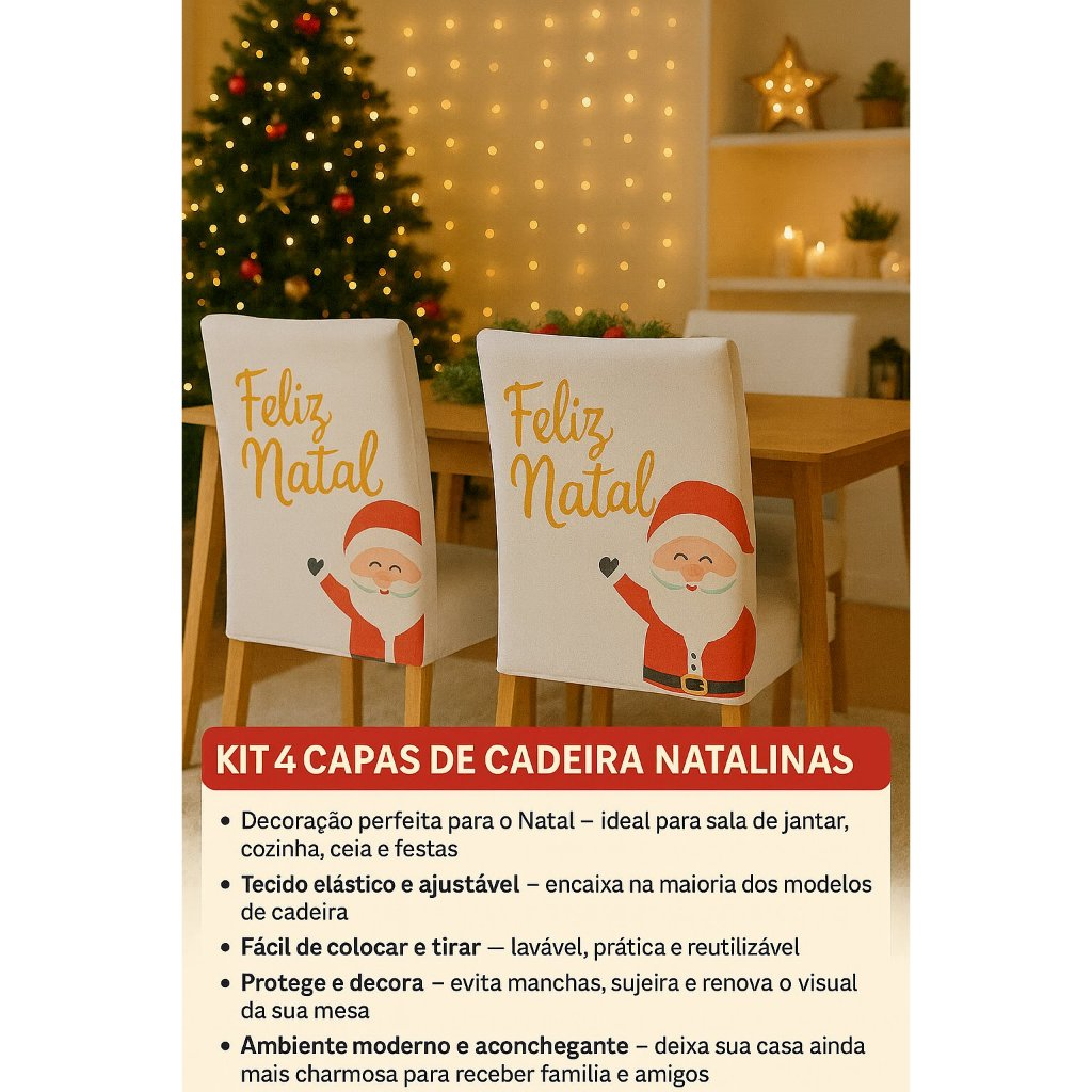 Capas de Cadeira Natalinas Elásticas – Papai Noel Feliz Natal