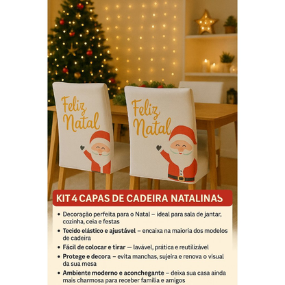 Capas de Cadeira Natalinas Elásticas – Papai Noel Feliz Natal