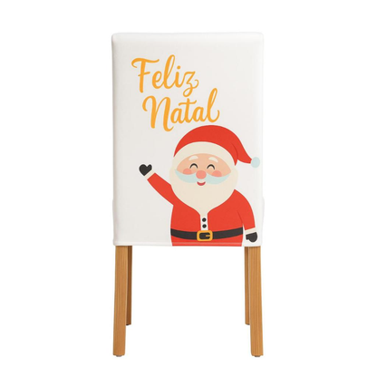 Capas de Cadeira Natalinas Elásticas – Papai Noel Feliz Natal
