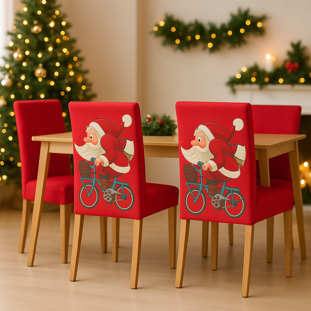 Capas de Cadeira Natalinas Elásticas – Papai Noel Feliz Natal