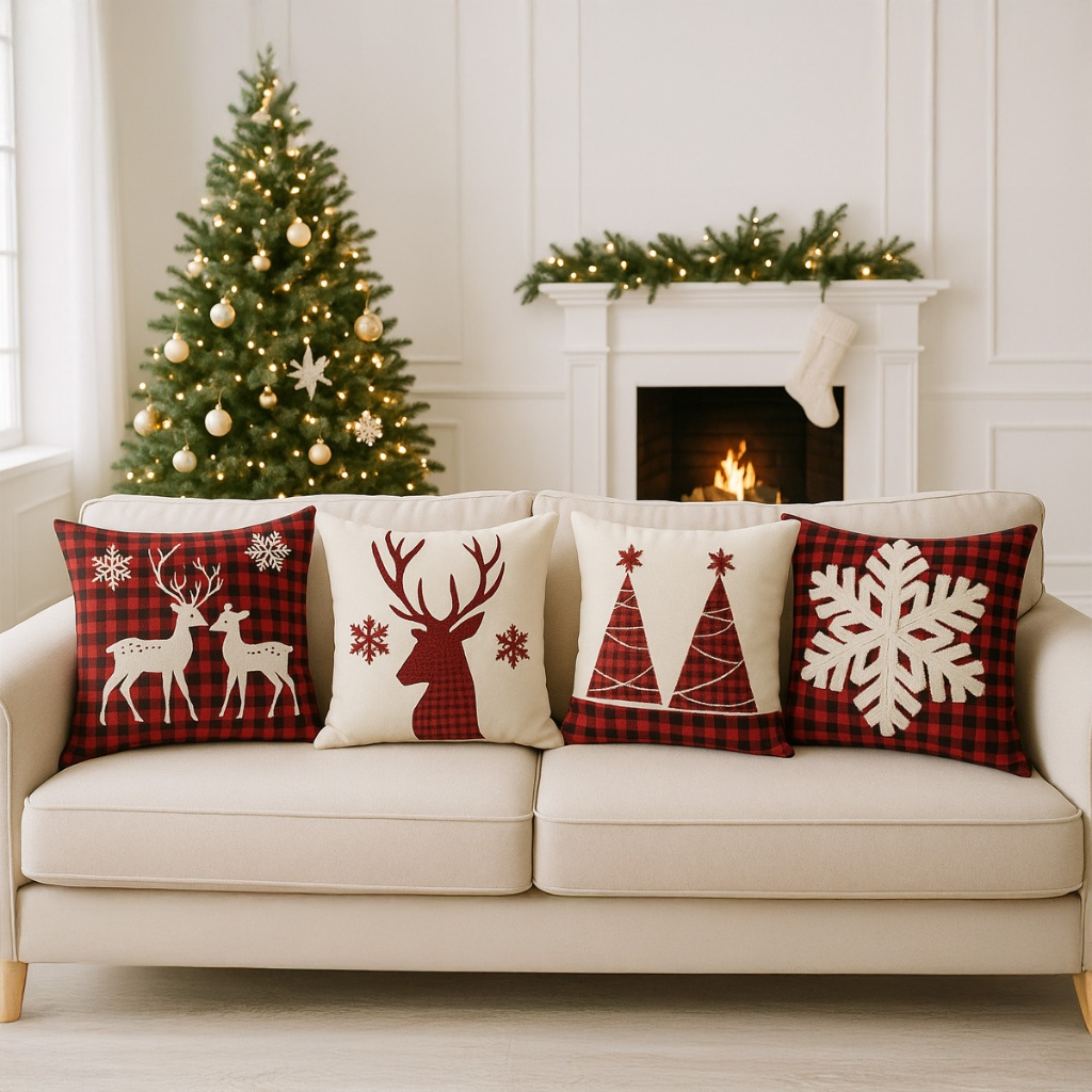 Kit 4 Capas de Almofadas Decorativas 45x45cm Feliz Natal