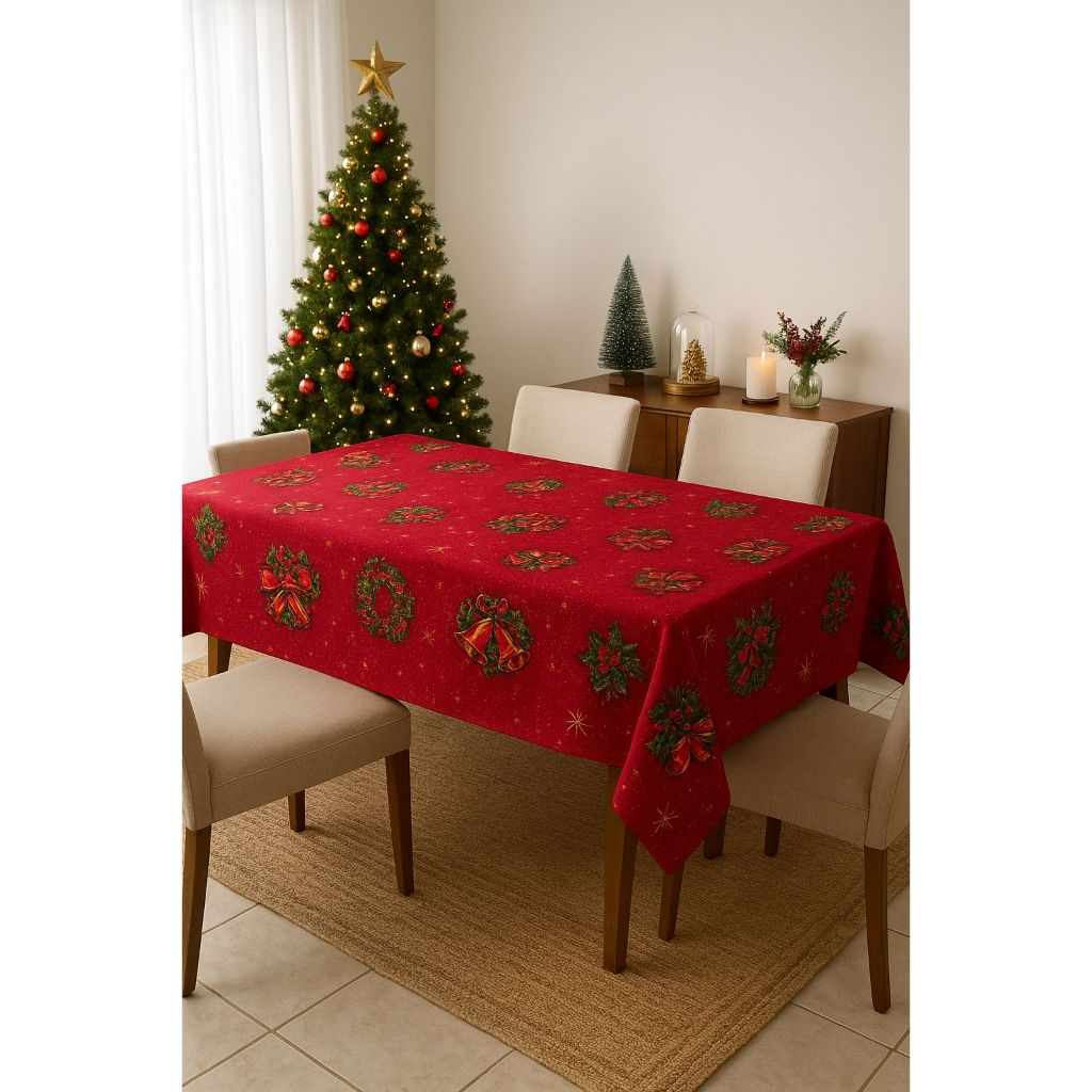 Toalha de Mesa Oxford Festiva Natalina Natal Papai Noel para 4 e 6 Lugares
