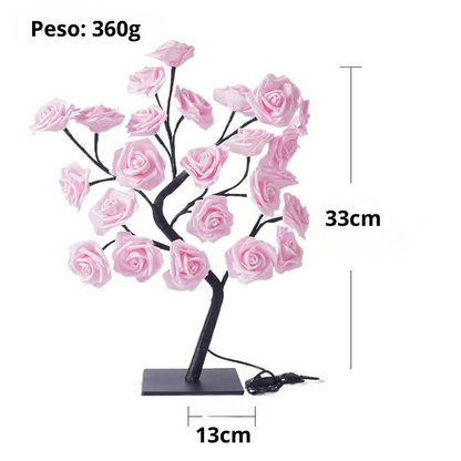 Luminária decorativa em formato de árvore com flores rosas artificiais, 33cm altura, base 13cm