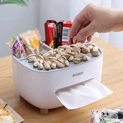 Dispenser multifuncional branco da marca Ecoco com porta-lenço, pistaches e doces em compartimentos no topo