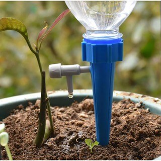 Irrigador automático azul para plantas em vaso com jovem muda e solo úmido