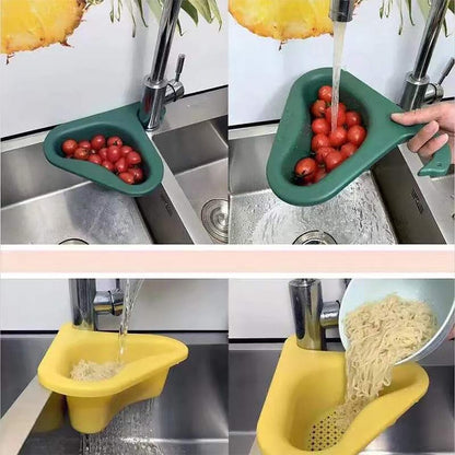 Filtro de lixo para pia de cozinha em silicone verde e amarelo, usado para lavar e descartar alimentos como tomates e macarrão