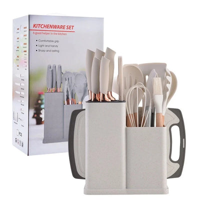 Kit de utensílios de cozinha branco com facas, espátulas, pincel e escova, suporte e tábua