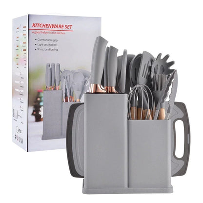 Kit utensílios de cozinha cinza com faca, espátula, batedor e suporte organizador