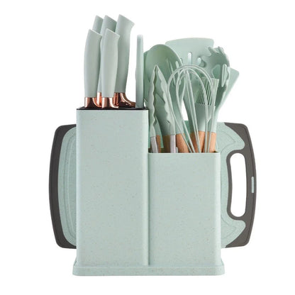 Kit de utensílios de cozinha verde com facas, espátulas, batedor e tábua de cortar
