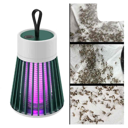Lâmpada mata mosquitos ultravioleta portátil com luz roxa e mosquitos mortos agrupados