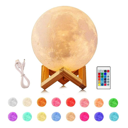 Luminária lua 3D decorativa em suporte de madeira com controle remoto e cabo USB, várias cores
