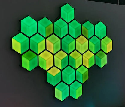 Painel de parede moderno com cubos LED em verde e amarelo, design modular iluminado