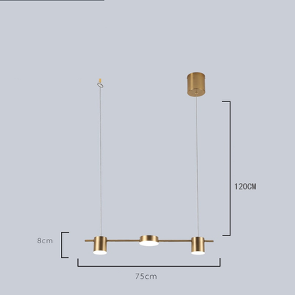 Luminária pendente dourada com três luzes circulares e medidas de 75cm por 120cm