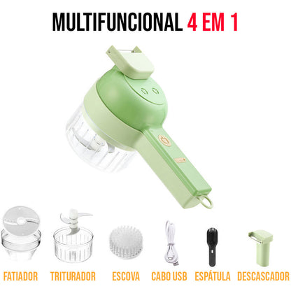 Aparelho multifuncional 4 em 1 verde com acessórios: fatiador, triturador, escova, cabo USB, espátula e descascador