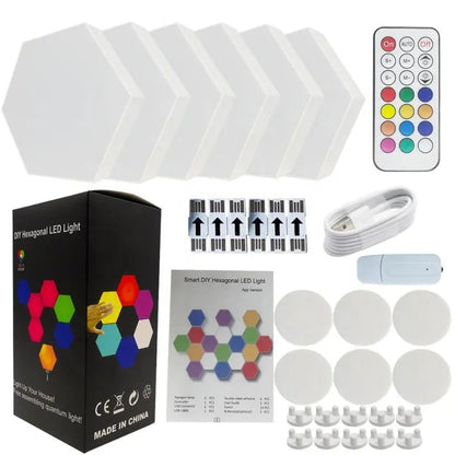 Kit de luzes LED hexagonais modulares com controle remoto e acessórios para parede