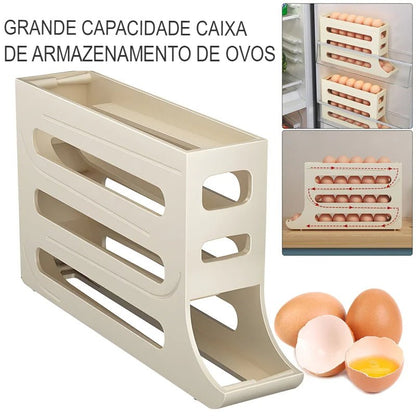 Porta-ovos de plástico branco para geladeira com rolamento automático e grande capacidade