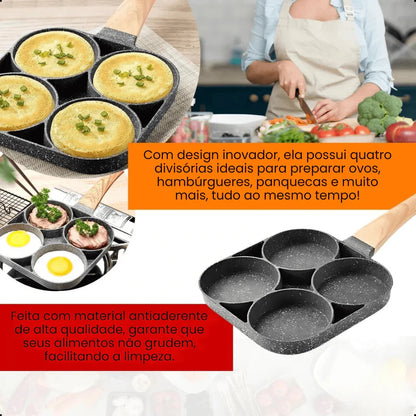 Frigideira antiaderente com quatro divisórias para preparar ovos, hambúrgueres e panquecas facilmente