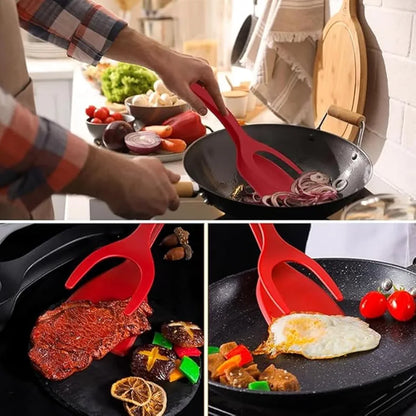 Utensílio de silicone vermelho para cozinha manuseando cebola, carne e ovo em frigideira antiaderente
