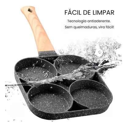 Frigideira antiaderente preta com 4 divisórias e cabo de madeira, fácil de limpar
