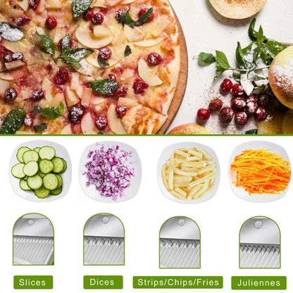 Pizza com recheio de frutas e ervas frescas, vegetais fatiados em diferentes estilos: fatias, dados, palitos e julienne