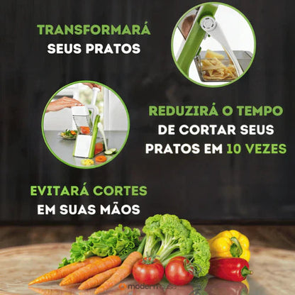 Fatiador manual verde cortando legumes, destacando economia de tempo e segurança na cozinha