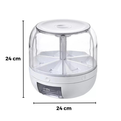 Pote organizador rotativo branco com divisórias internas e tampa transparente de 24 cm