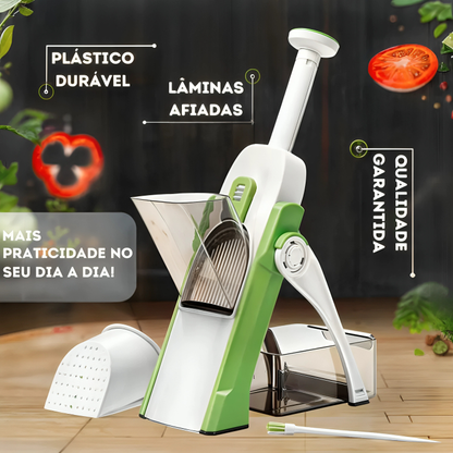 Mandoline verde e branca para fatiar legumes com lâminas afiadas e plástico durável, qualidade garantida