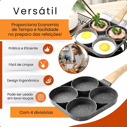 Frigideira preta com 4 divisórias, cabo ergonômico, fácil de limpar e usar em lava-louças