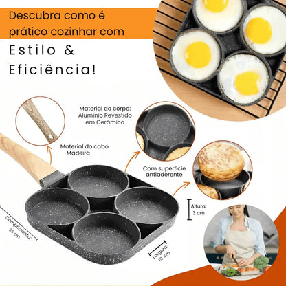 Frigideira antiaderente em alumínio com cabo de madeira, quatro compartimentos para ovos ou pães, 35x10x3 cm.