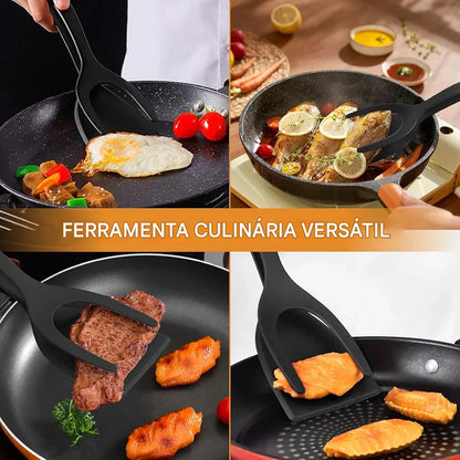 Ferramenta culinária versátil preta usada para virar ovos, peixe grelhado, carne e batatas na frigideira