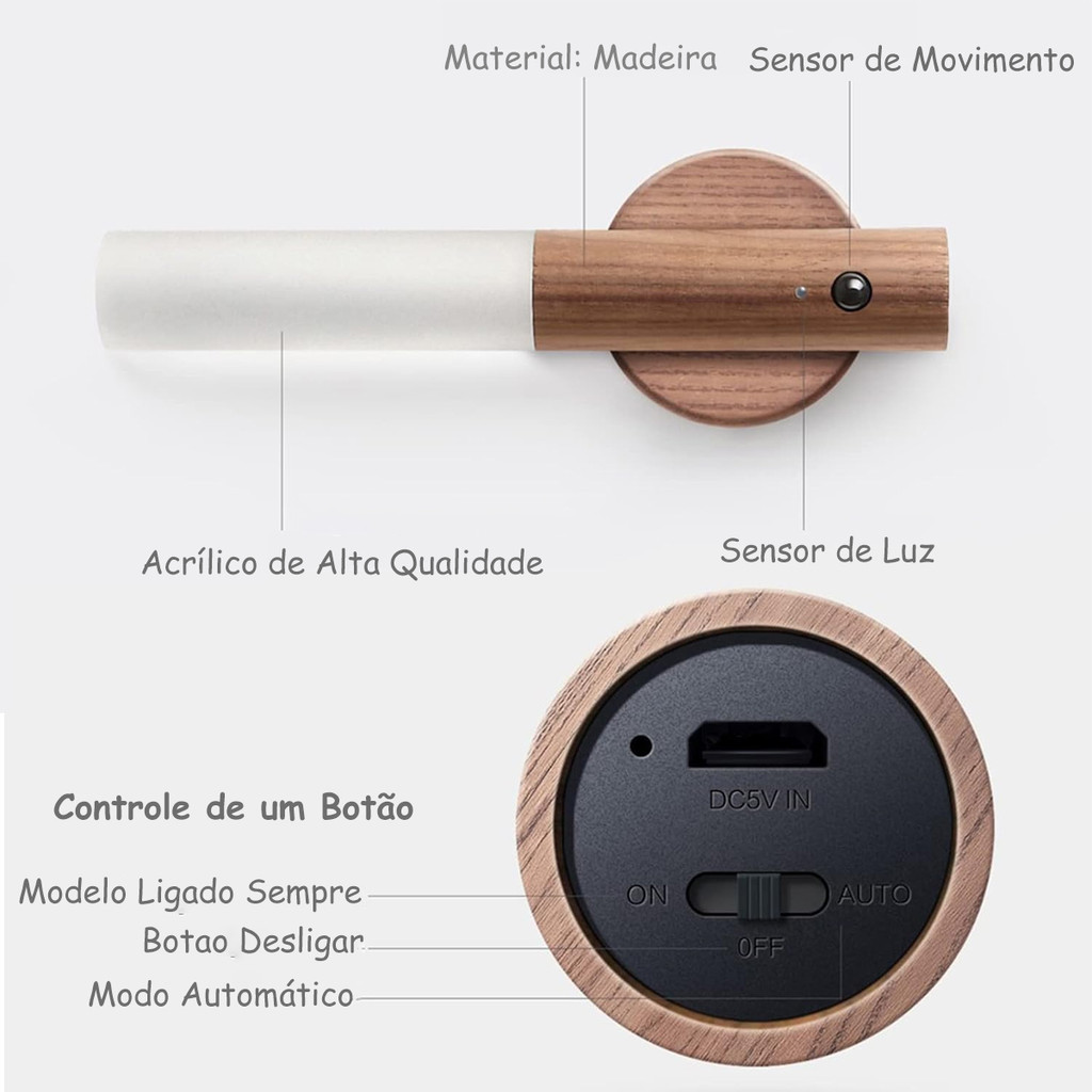 Luminária Led Recarregável Portátil Bastão com Sensor de Movimento