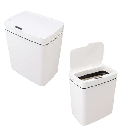 Lixeira automática branca de plástico com tampa sensor, aberta e fechada