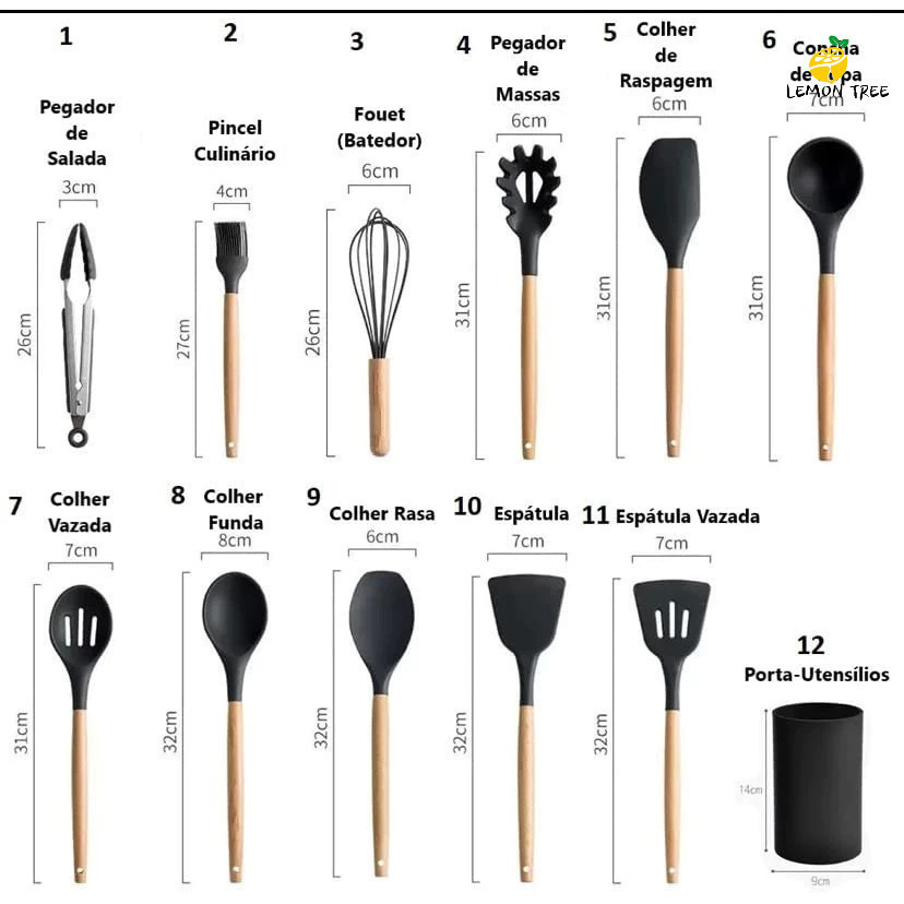 KIT 12 Peças de Utensílios Para Cozinha em Silicone