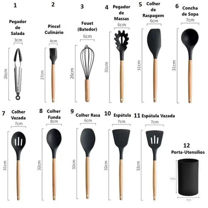 Conjunto de 11 utensílios de cozinha com cabos de madeira e silicone preto, mais porta-utensílios cilíndrico