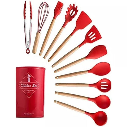Kit de utensílios de cozinha vermelhos com cabo de madeira, incluindo espátulas, colheres e pincel, com suporte