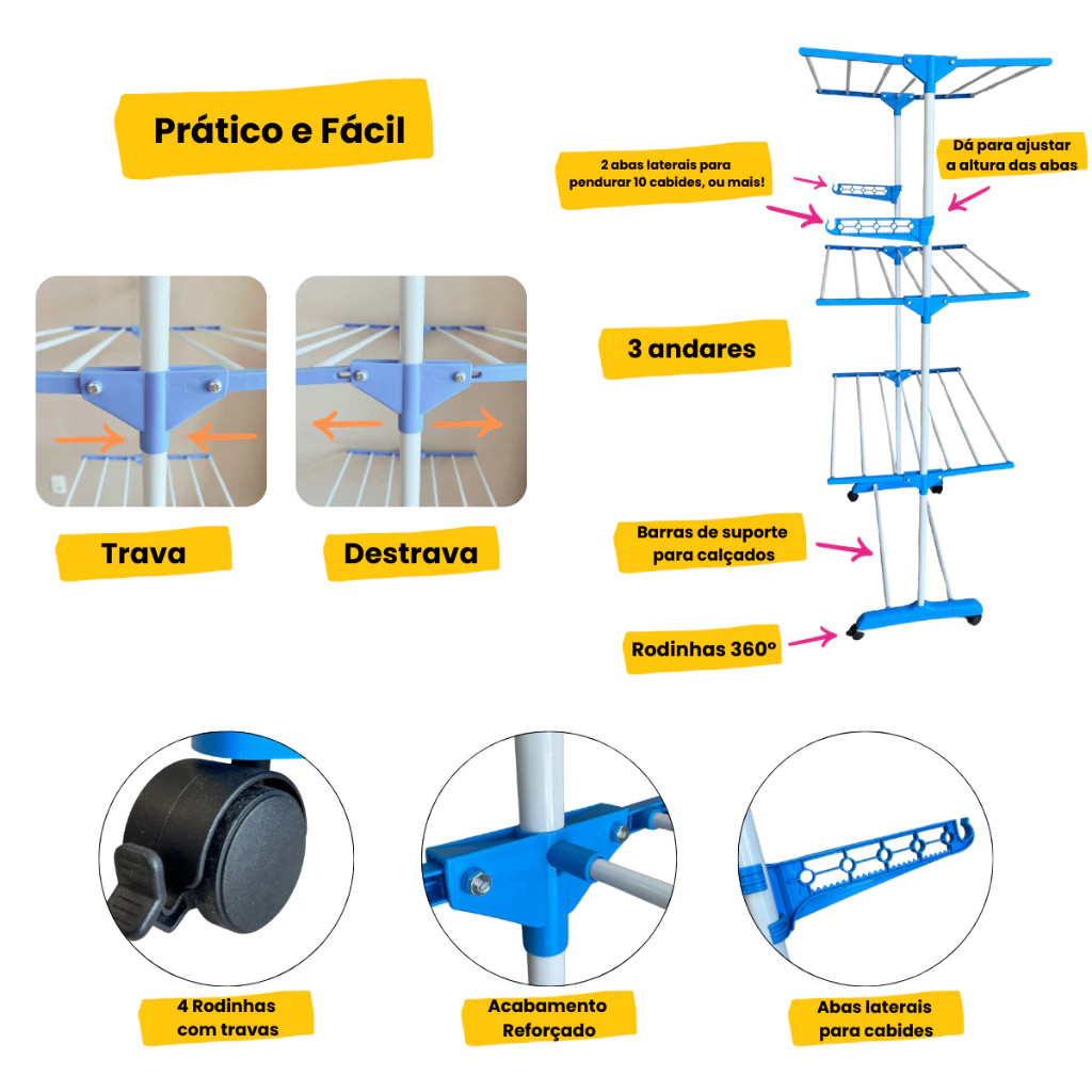 Varal Grande de Chão de 3 Andares Portátil