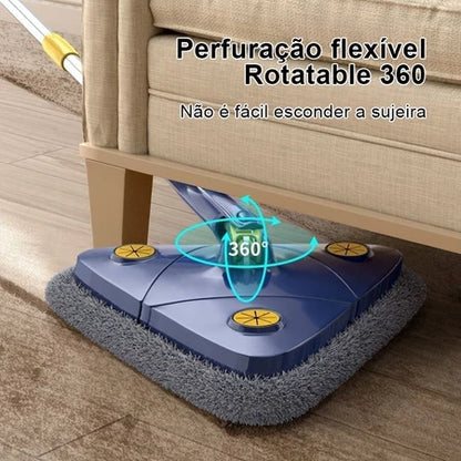 Mop rotativo azul limpando embaixo de sofá, com função de perfuração flexível e rotação 360°
