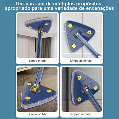 Vassoura multifuncional azul com base triangular limpa teto, telhas, chão e armário em ambientes domésticos